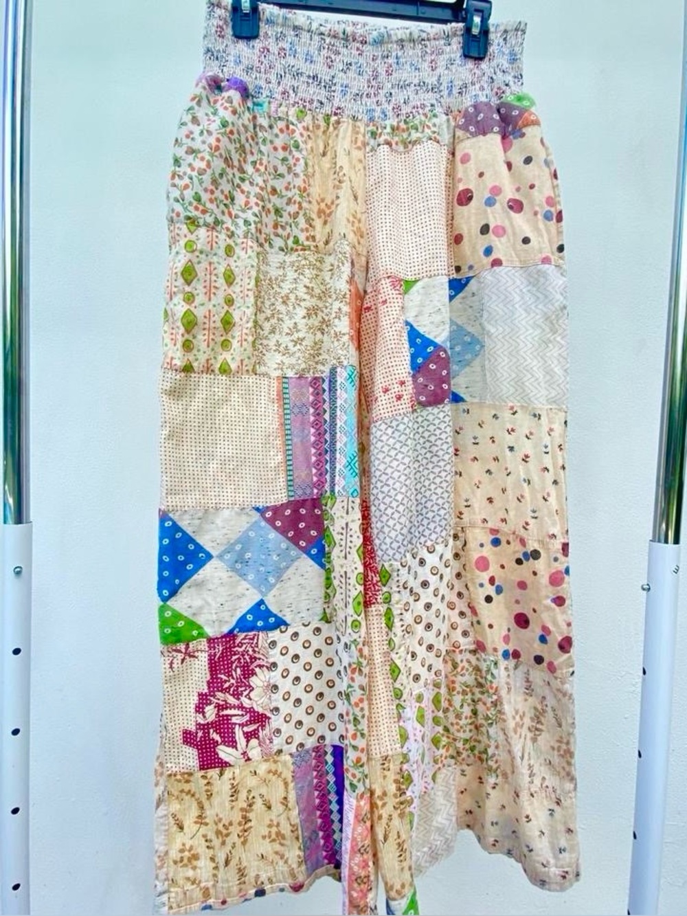 Earthbound Cream Multicolor Floral Geometric Dot Patchwork Wide Leg Pants Medium